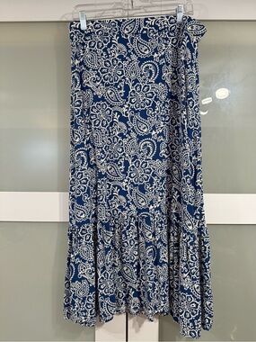 Blue and White Paisley-Print Maxi Skirt with elastic waistband flowy modest